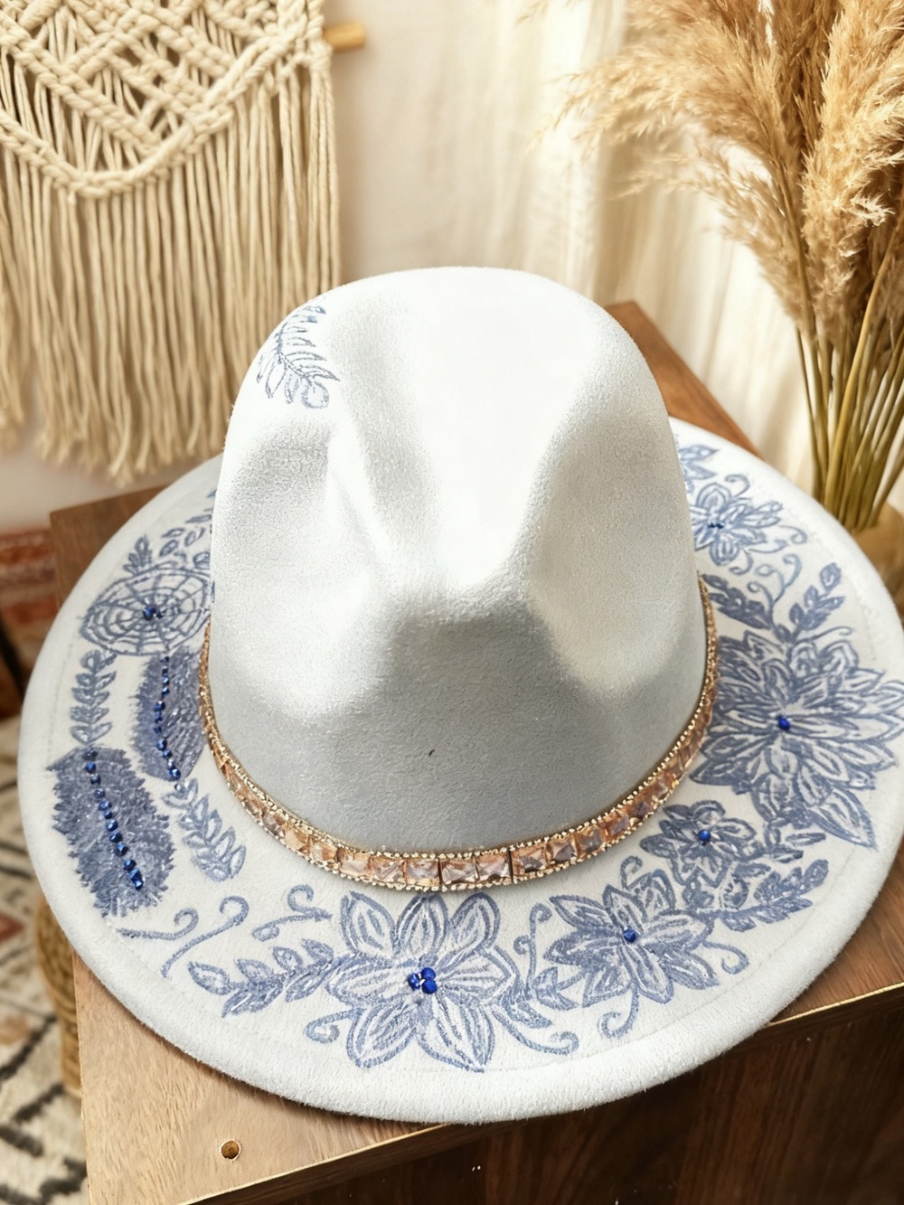 White with blue engraving Fedora with Crystal Band